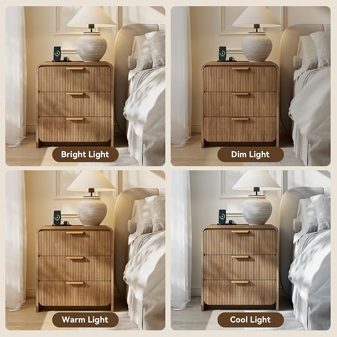 24" 3 Drawers Fluted Nightstand, Light Walnut | 3 Drawers Bedside Table, Metal Handles & Charging Station, Curved Profile End Table for Bedroom