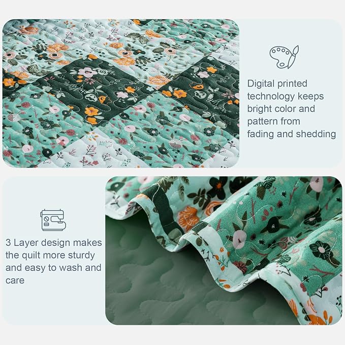 Exclusivo Mezcla Reversible Boho Quilts Queen Size Green | Lightweight Soft Bedspreads, All Season Patchwork Coverlet Bedding Set, Printed Floral Pattern, 1 Quilt and 2 Pillow Shams