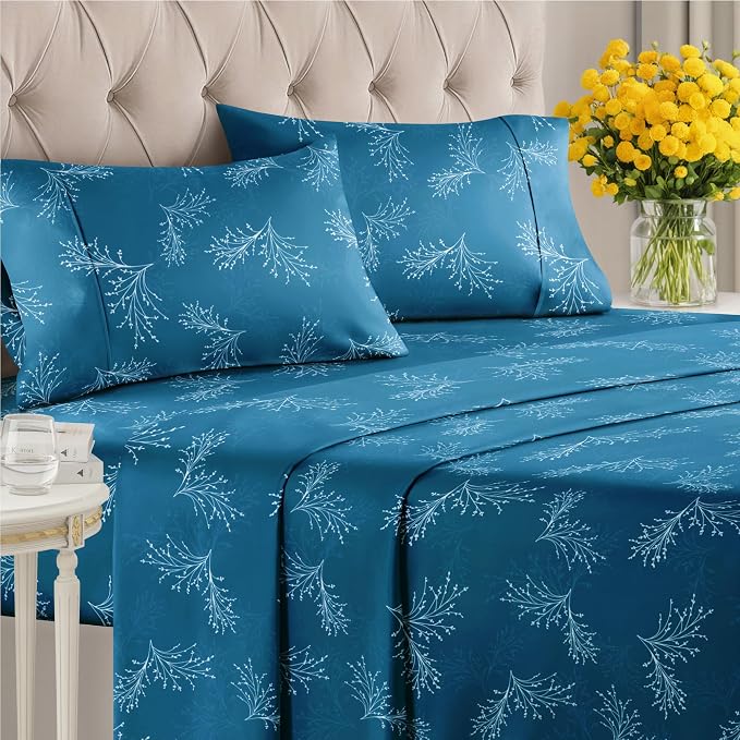 King 4 Piece Floral Sheet Set - Soft, Breathable & Cooling - Sea Spray | 1 Flat, 1 Fitted & 2 Pillowcases w/ Deep Pockets, Boho Botanical Floral Bedding, Breathable & Cooling, Wrinkle & Fade Free