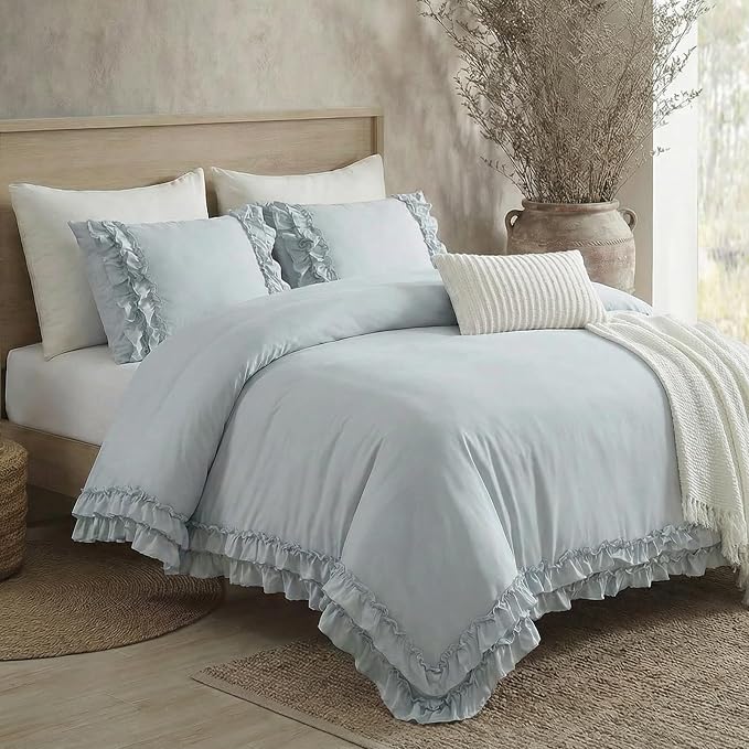 Bedrom Ruffled King Duvet Cover Set Blue Grey Bedding Set Shabby Chic Light Gray Boho Bedding Super Soft Lightweight Farmhouse Ruffle Duvet Cover Set for All Season