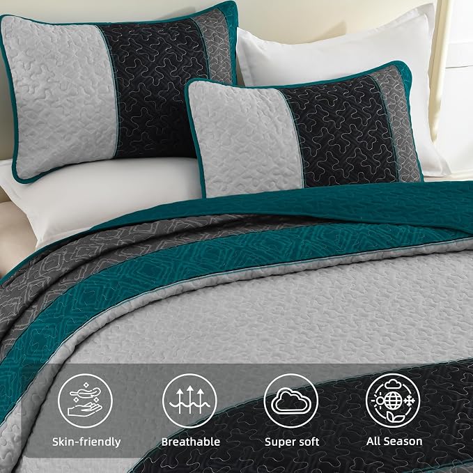 Cottolester Boho Quilt Set Queen,Striped Plaid Bedspreads Set,Peacock Blue | Lightweight Coverlets Set with 2 PillowShams,All Seasons Microfiber Quilt Bedding Sets for Bedroom Guest Room 96"x90"