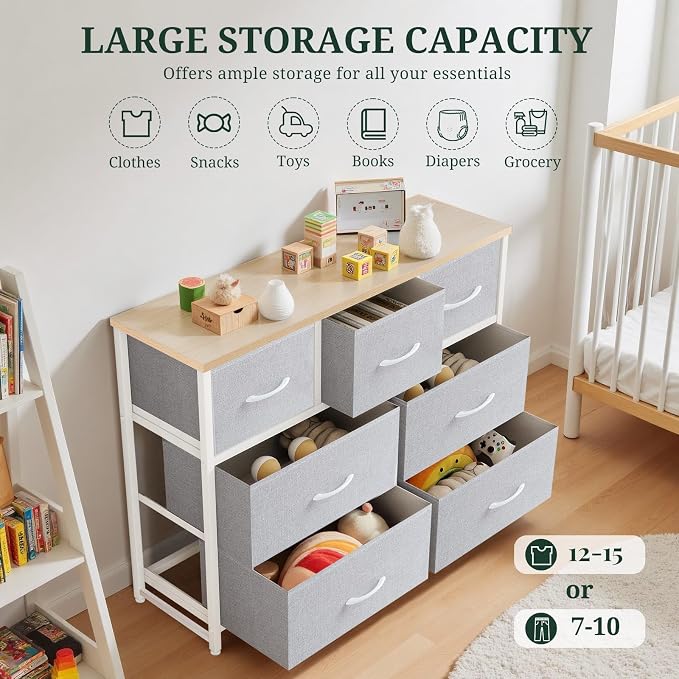 7-Drawer Dresser for Bedroom, Anti-Tip Wide Storage Organizer Fabric | Chest of Drawers TV Stand for 45" TV with Wooden Top and Metal Frame for Closet, Living Room, Hallway, Entryway, Light Gray