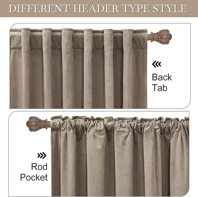 RYB HOME Velvet Room Darkening Curtains for Living Room 72 inches Long | Thermal Insulated, Privacy UV Heat Blocking, Noise Reducing, Drapes for Kids Room Sunroom, Taupe, W52 x L72, Taupe, 2 Pieces