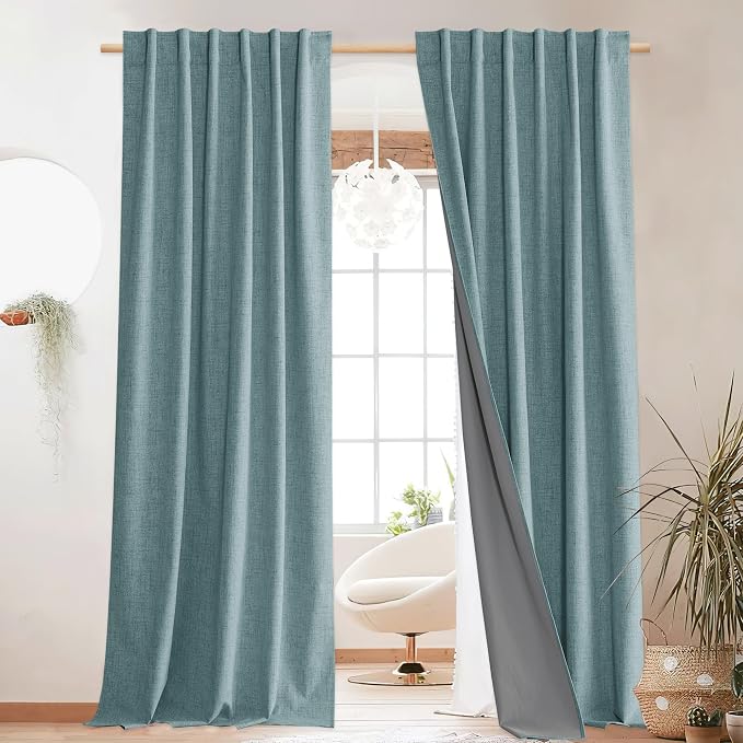 NICETOWN 100% Blackout Linen Curtains 90 inches Long 2 PCs, Skylark Blue | Completely Shaded, Linen Textured, Privacy Protection, Noise Reducing Drapes Energy Saving for Apartment, W52" x L90"