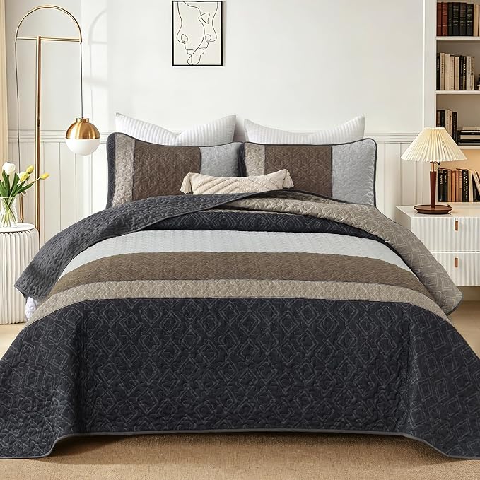 Cottolester Quilts Queen Size,Grey Brown Striped Bedspread Coverlet Set | Modern Boho Style,Striped Plaid Design,Ultra Soft Lightweight Microfiber Quilted Bedding Sets for All Seasons 96"x90"