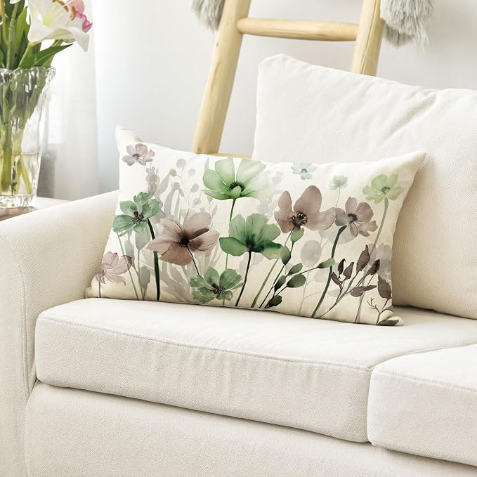 AVOIN colorlife Poppy Flowers Fall Spring Throw Pillow Cover 12x20 Inch | Chinoiserie Sage Green Brown Seasonal Leaves Cushion Case Decoration for Sofa Couch Farmhouse