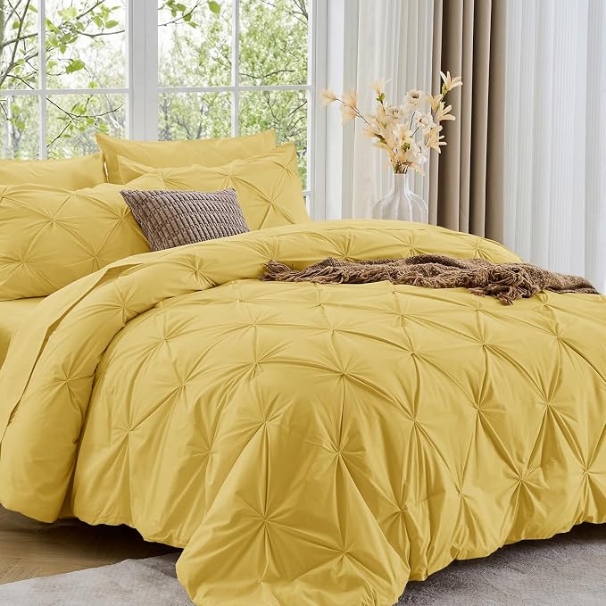 Sasttie Queen Comforter Set, 7-Piece Bed in a Bag, Pintuck Bedding Sets for All Season, Includes Comforter, Flat Sheet, Fitted Sheet, Pillowcases and Pillowshams, Mustard Yellow