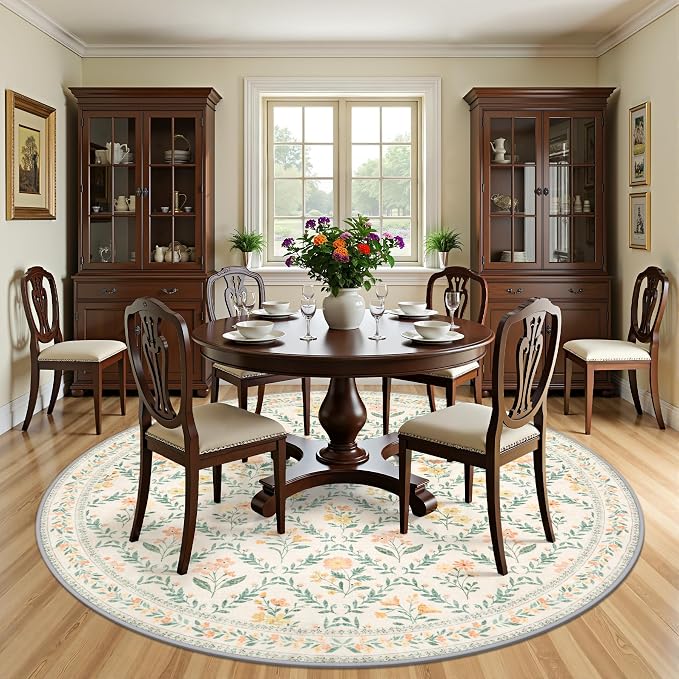 PLHXFR Round Area Rug Living Room: 8 ft Floral Washable Carpet Beige Multi | For Bedroom Dining Room Farmhouse Nursery Hallway,Vintage Floral,Machine washable,Non Slip,Stain Resistant,Large Indoor