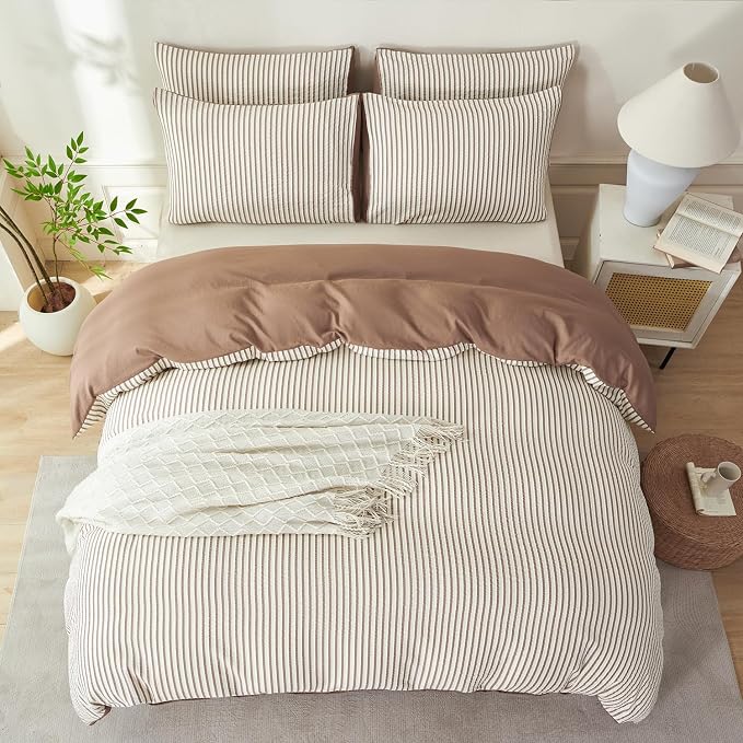 Comforter Set King Dark Brown Striped Soft Luxury Washed Microfiber Jacquard 3 Pieces Bedding, White Dark Brown Vertical Ticking Stripes Comforter with 2 Pillowcases Breathable Durable Comfy