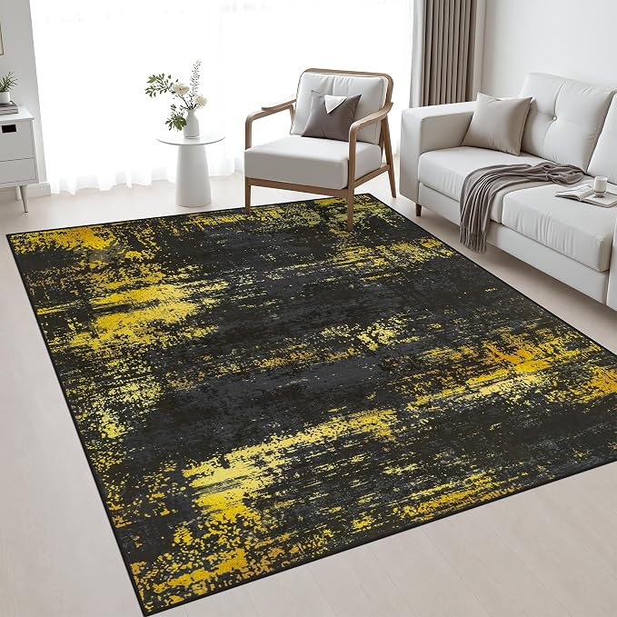 5x7 Area Rug Living Room: Modern Washable Soft Carpet Black Gold | For Bedroom Dining Room Farmhouse Nursery Hallway Office,Modern Abstract,Machine washable,Non-Slip,Stain Resistant,Indoor