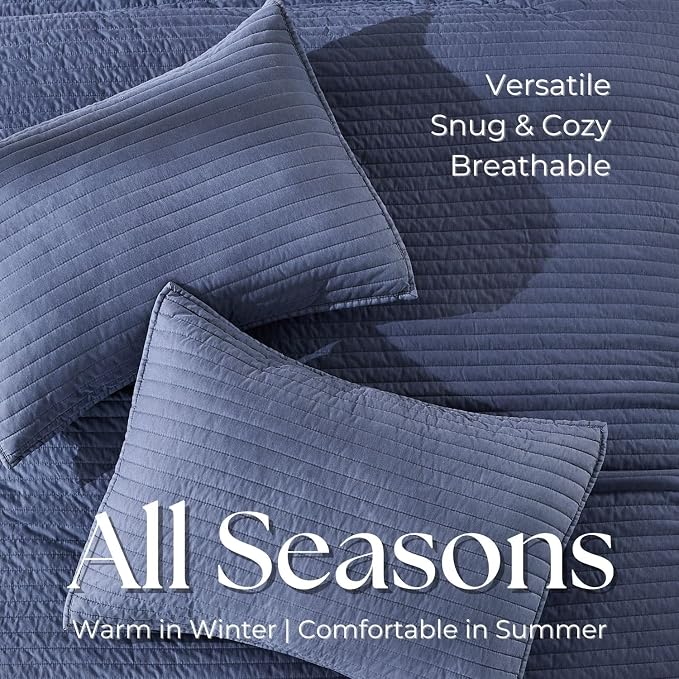 DOWN HOME Queen Quilt Bedding Set with Shams, Vintage Washed Soft Quilted Blanket Thin Comforter Lightweight Bedspread Coverlet Bed Cover, Brushed Microfiber Stripe Stitching, Vintage Denim, 86"x90"