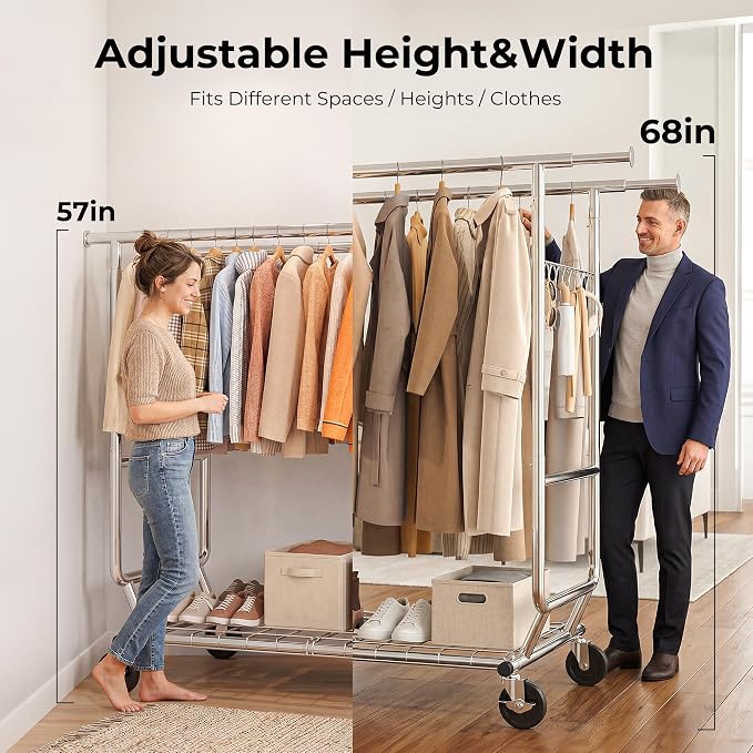 HOKEEPER Clothes Rack Heavy Duty Clothing Rack Load 650 LBS Collapsible | Garment Rack with Wheels Double Rod Clothes Rack for Hanging Clothes Commercial Portable Closet Rack, 2 Packs 22"D*75"W*68"H