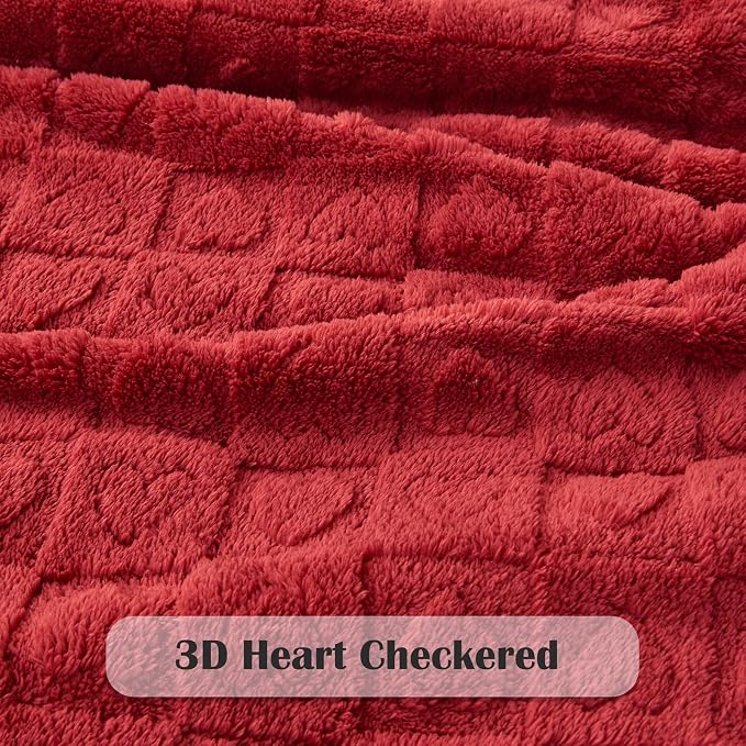NEWCOSPLAY 3D Heart Checkered Flannel Queen Blanket, Red Heart, 90"x90" | Super Soft Cute Lightweight Decorative Premium Silky Fleece Blanket for Couch Sofa Bed, Gift for Women Men, All Season Use