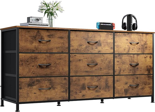 WLIVE Dresser TV Stand for 55 Inch TV, 9 Drawer Dresser, Rustic Brown | Fits TVs up to 55 inch, 9 roomy fabric drawers, Wide wood tabletop, Living room or bedroom, Chest of drawers