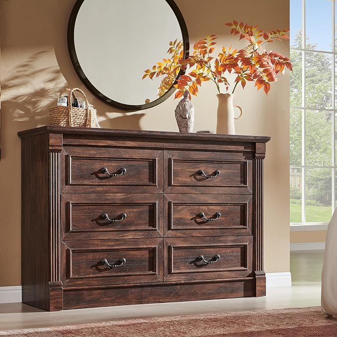 Aitjunz Farmhouse 47'' Wide 6 Drawer Dressers for Bedroom, Brown | Chests of Drawers w/Roman Columns, Horizontal Wooden TV Stand Dresser w/Metal Handle for Bedroom, Hallway, Living room