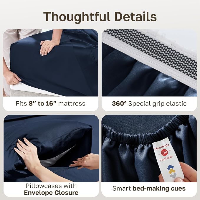 California Design Den Certified 100% Egyptian Cotton King Sheets Set | Backed by Good Housekeeping Seal, Light & Airy Soft Sateen, 16" Deep Pocket, All-Around Elastic, 4pc Set - Dark Denim Blue
