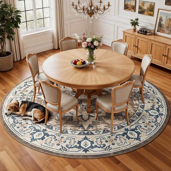 8FT Washable Round Area Rugs for Living Room, Non Slip Circle Rugs | Low Pile Vintage Carpets for Bedroom Dining Room, Nursery, Home Office, Kid Pet Friendly, All Vacuums Compatible, Brown Beige