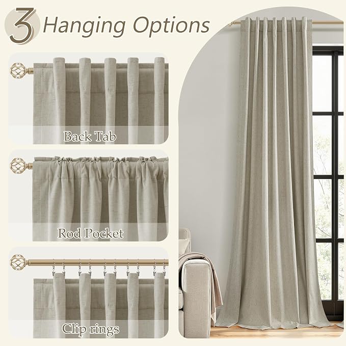 Extra Long 100% Blackout Linen Curtains for Bedroom 120 inches Long, Thermal Insulated Room Darkening Black Out Drapes for Living Room, Back Tab Rod Pocket 2 Panels Set,Ecru,52x120
