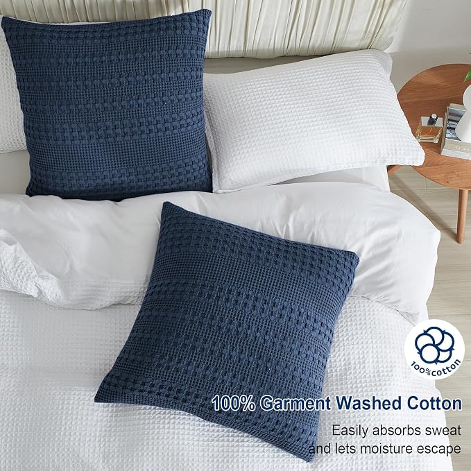 PHF 100% Cotton Waffle Weave Euro Sham Covers, 2 Pack 26" x 26" Bed Pillow Covers for Elegant Home Decor, No Filling, Luxury Aesthetic Soft Euro Pillow Cases for Bed, Blue Sapphire