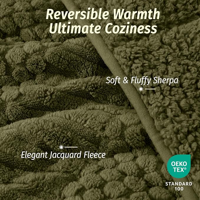 Sherpa Weighted Blankets for Adults, 60" x 80" 15 lbs Army Green | Queen Size Bed, Super Soft Fuzzy Heavy Throw Blankets for Better Sleep, Jacquard Knitted, Chunky Warm Fluffy, Glass Beads