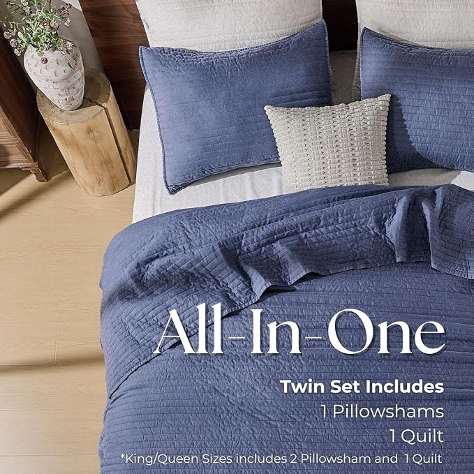 DOWN HOME King Quilt Bedding Set with Shams, Vintage Washed Soft Quilted Blanket Thin Comforter Lightweight Bedspread Coverlet Bed Cover, Brushed Microfiber Stripe Stitching, Vintage Denim, 104"x90"