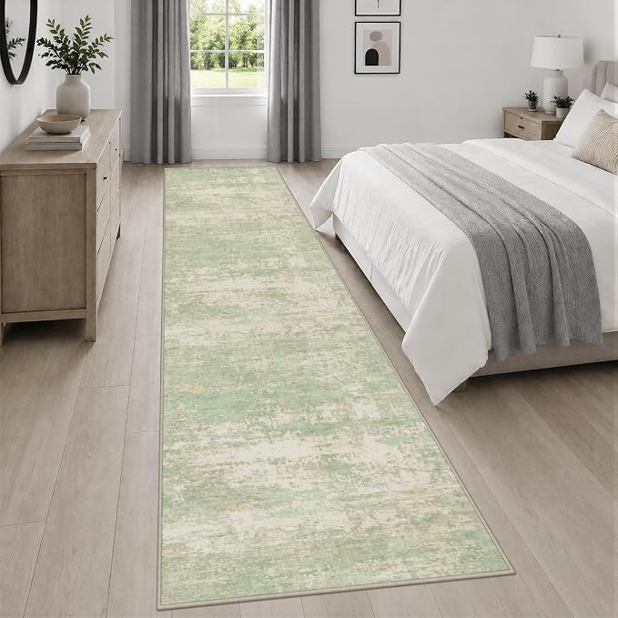 2.6x14 Washable Runner Rug:Modern Abstract Soft Carpet Green Cream | For Hallway, Bedroom, Kitchen, Laundry, Bathroom,Door Mat,Modern Abstract,Machine washable,Non-Slip,Stain Resistant,Indoor
