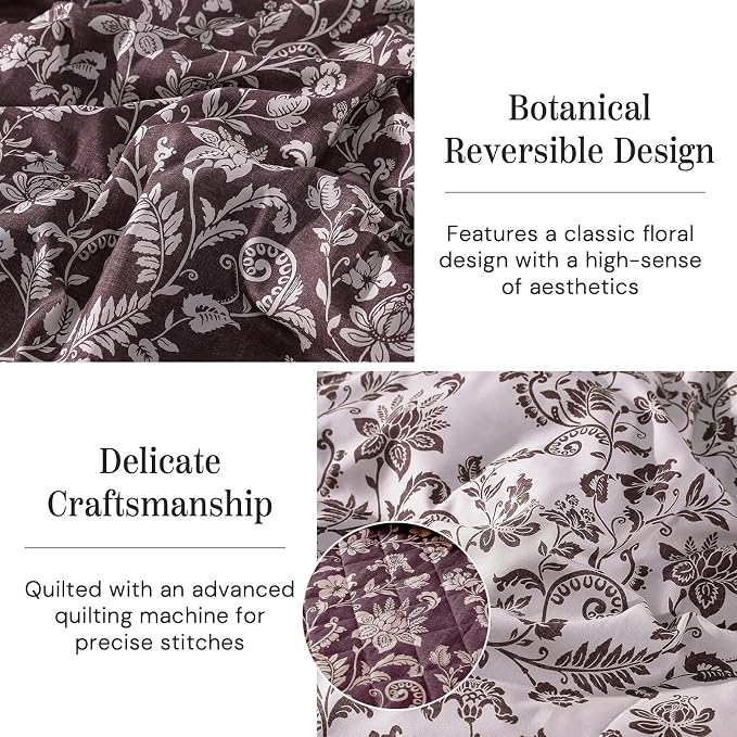 Twin/Twin XL Quilt Set-2 Pieces Soft Bedding Floral Reversible Coverlet | All Seasons Lightweight Quilts Queen Size for Bed, Breathable Vintage Bedspread with Sham, Italian Plum