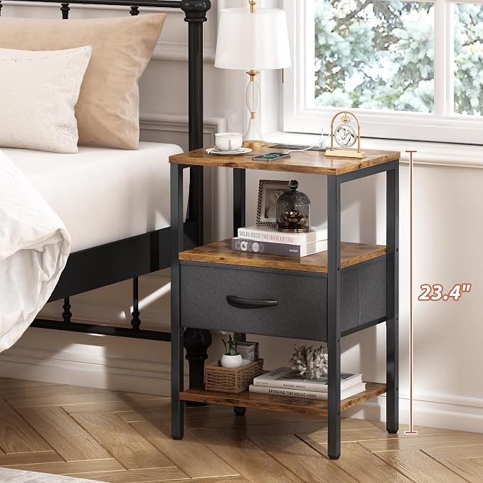 SUPERJARE Nightstand Set of 2 with Charging Station, USB-C Port, End Tables | Night Stand for Bedroom, with Adjustable Fabric Drawer, 3-Tier Storage Bedside Tables for Living Room, Rustic Brown & Black