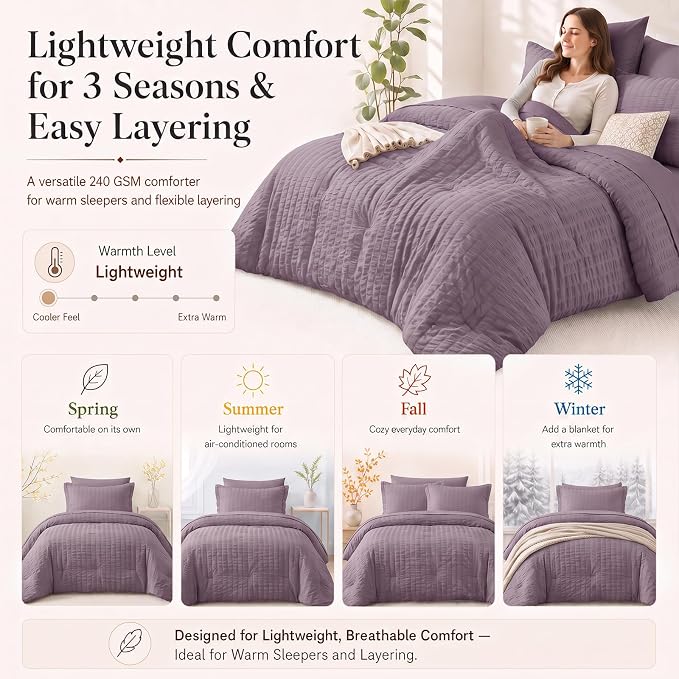 Twin Comforter Set, 5 Pieces Dusty Purple Seersucker Bed in a Bag | OEKO-TEX Certified, All Season Bedding Sets with 240 GSM Down Alternative Comforter, Flat & Fitted Sheets, Pillowcase & Sham