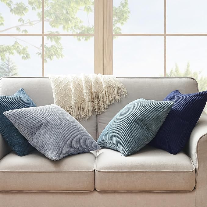 Topfinel Decorative Throw Pillow Covers Dusty Blue Navy Series 16x16 Inch Set of 4,Summer Corduroy Striped Toss Pillows for Couch,Patio,Balcony,Children Bedroom,Modern Fluffy Blue Gradient Shams