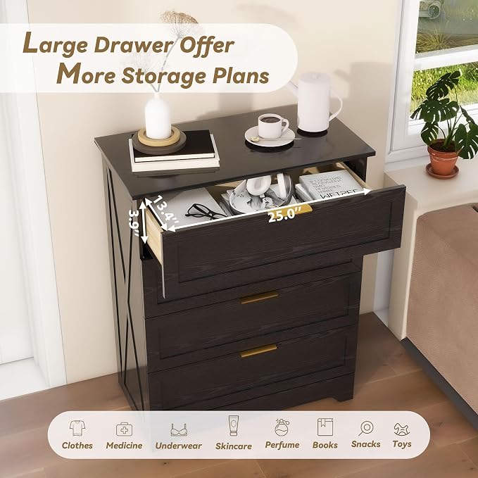 FTZxHKLX Modern Wide Wooden Chest of Drawers, Dresser for Closet, Black | Deep Drawer Dresser with Rose Gold Handles, Small Nursery Dresser with Anti-Tip Design for Living Room, Children's Room
