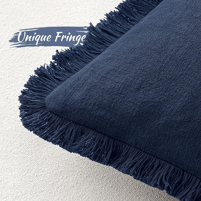 MIULEE Boho Linen Fringe Decorative Throw Pillow Covers Dark Navy 16x16 | Set of 2, Cottagecore Decor, Boho Farmhouse Coastal Pillow Covers, Rustic Couch Cushion Cases for Sofa Bed Living Room