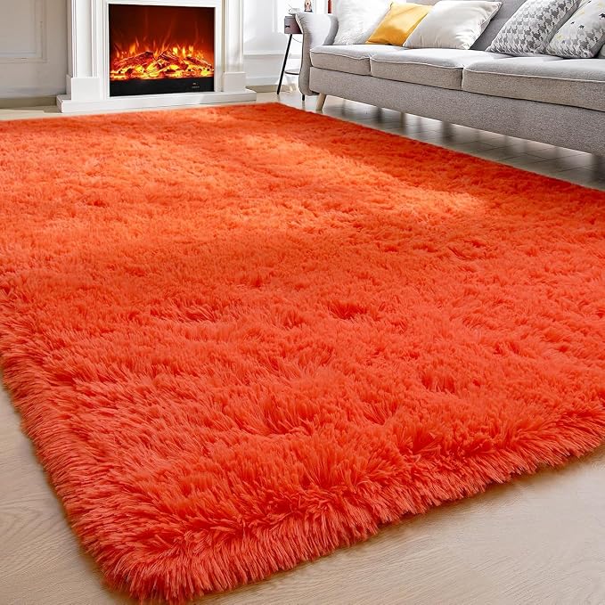 Soft Modern Indoor Shaggy Area Rug for Bedroom Livingroom Dorm Kids Room Home Decorative, Non-Slip Plush Fluffy Furry Fur Rugs Comfy Nursery Accent Floor Carpet 5x8 Feet, Orange Red