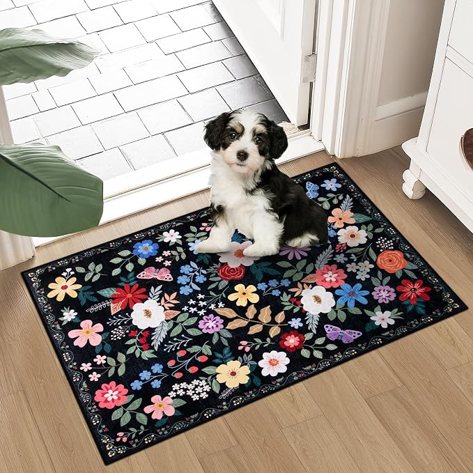 PLHXFR 2x3 Small Entryway Rug: Floral Washable Indoor Soft Carpet Black | For Entrance, Bedroom, Kitchen, Laundry, Bathroom,Door Mat,Vintage Floral,Machine washable,Non-Slip,Stain Resistant,Indoor