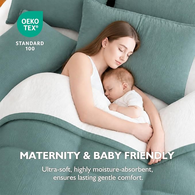 EMME Cotton Muslin Duvet Cover Set Queen Size Linen Like Soft Breathable Lightweight Summer Comforter Cover Set with Zipper Closure (Teal&White, Queen, 90"x90")