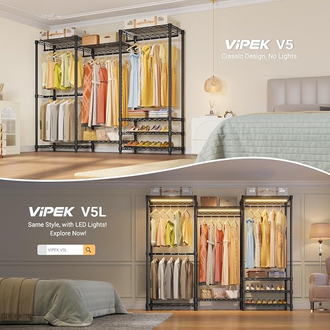 VIPEK V5 Heavy Duty Clothes Rack, Freestanding Modular Closet System, Black | 890 lbs Load, 4 x 23.6 in hanging rods, 8 x shelves (2 adjustable), Supports expansion with accessories