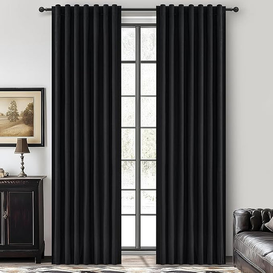 QJmydeco Black 100% Blackout Curtains 84 Inches Long to Keep Heat Out, Black Linen Boho Drapes for Bedroom/Living Room Darkening Back Tab/Rod Pocket/Hook Thermal Insulated (2Panels Set Burg W50 xL84)