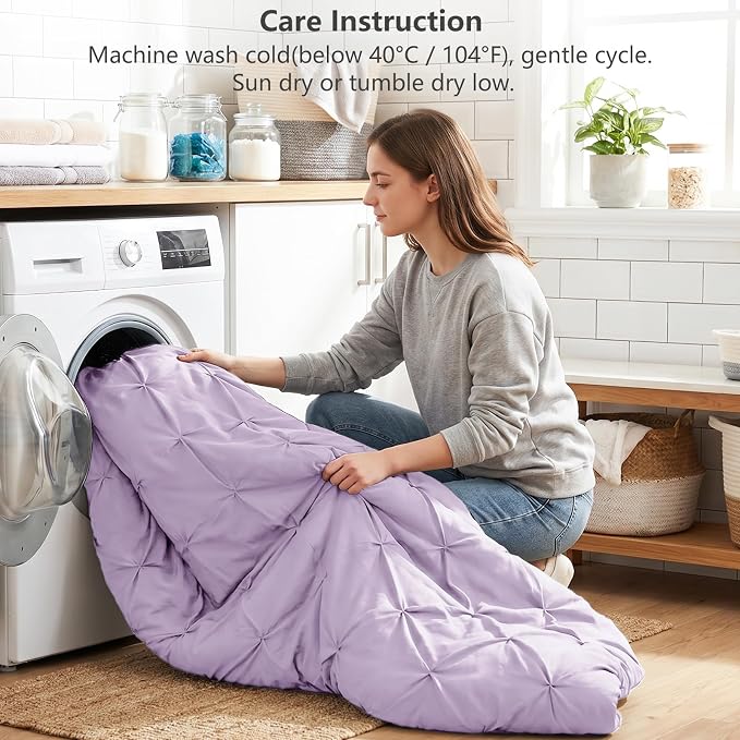 Queen Comforter Set Lavender, 7 Pieces Pintuck Bed in a Bag | OEKO-TEX 100 Certified, 240GSM All Season, Bedroom, Guest Room, Down-Alternative Comforter, Sheets, Pillowcases & Shams