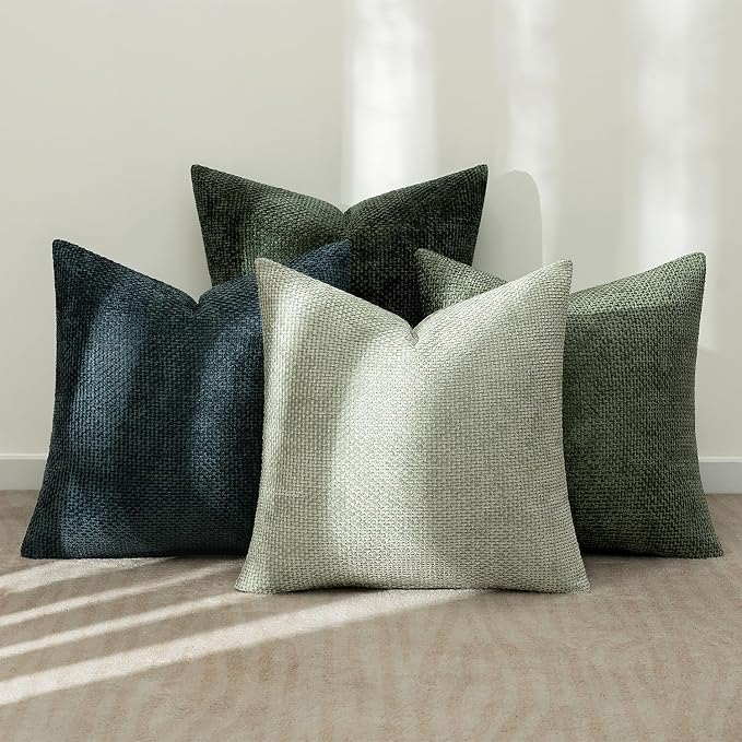 MIULEE Soft Decorative Chenille Pillow Covers Green Navy 20x20 Pack of 4 | Nordic Home Decor, Moody Green–Navy Set, Couch Throw Pillows, Farmhouse Boho Cushion Covers for Sofa Bed Living Room