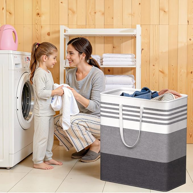 WOWBOX 2 Pack Laundry Baskets, Collapsible Dirty Clothes Laundry Hampers | with Reinforced Handles, Waterproof Coating, 2 Pack for Clean & Dirty Clothes, for Bedroom, Bathroom, Dorm (100L Grey)
