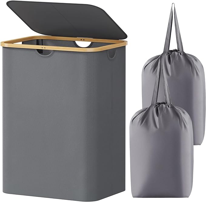 Lifewit 150L Laundry Basket with Lid, Clothes Hampers for Laundry with Bamboo Handles and 2 Removable Bags, Large Foldable Laundry Hamper for Bedroom, Bathroom, Dorm, Grey