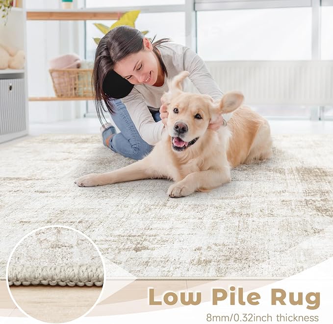 9x12 Area Rugs Washable Rug: Abstract Neutral Rugs Modern Non Slip Area Rug Stain Resistant Low Pile Indoor Carpet for Dining Room Bedroom Nursery Office (Beige, 9'x12')