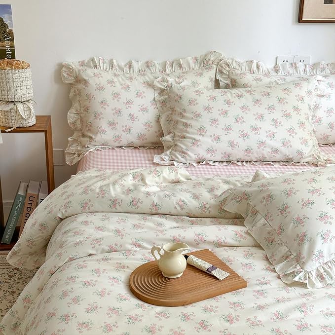 mixinni Pink Floral Duvet Cover Set Twin Size - 100% Cotton Ruffle Lace Bedding Set for Girls, Romantic Cottagecore Style Duvet Cover with Zipper Closure, Soft Aesthetic Princess Bedding-Twin