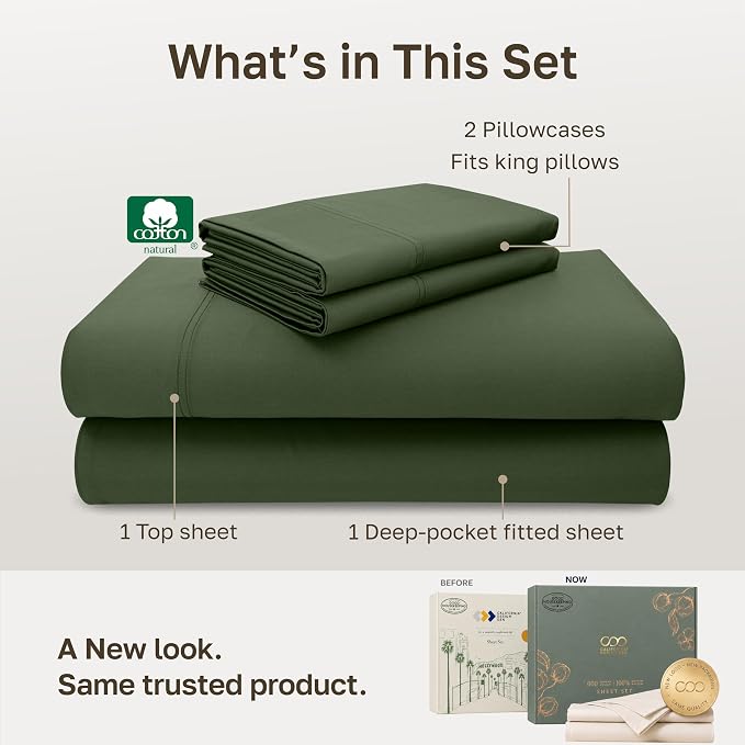 California Design Den Luxury 600 Thread Count King Bed Sheets Set, 4 Pcs | 100% Cotton Sateen Backed by Good Housekeeping Seal, Soft & Smooth, 16" Deep Pocket, Durable, Easy Care - Dark Olive Green
