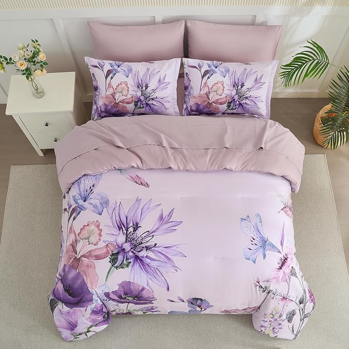 Yogeneg King Size Comforter Set 7 Piece Bed in a Bag,Elegant Floral Botanical Pattern Purple Bedding Set,Soft Microfiber Comforter with Sheet Set,All Season Bed Set(Purple Floral,King)
