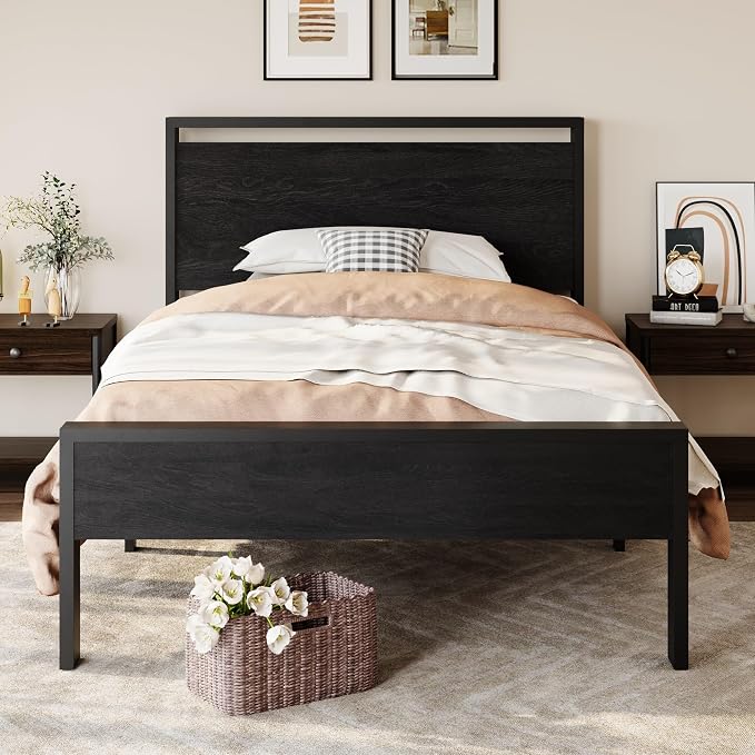 SHA CERLIN 14 Inch Twin Size Metal Platform Bed Frame with Wooden Headboard and Footboard, Mattress Foundation, No Box Spring Needed, Large Under Bed Storage, Heavy Duty Slats Support, Black Oak