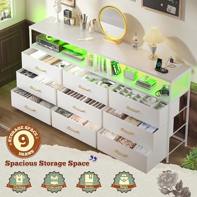 55" W Dresser for Bedroom with 9 Drawers LED, Power Outlets Fits 65" TV | TV Stand for 45, 55, 65 Inch TV Sturdy Long Chest of Drawers with Extra 2 Wooden Shelves Steel Frame PU Leather Drawer