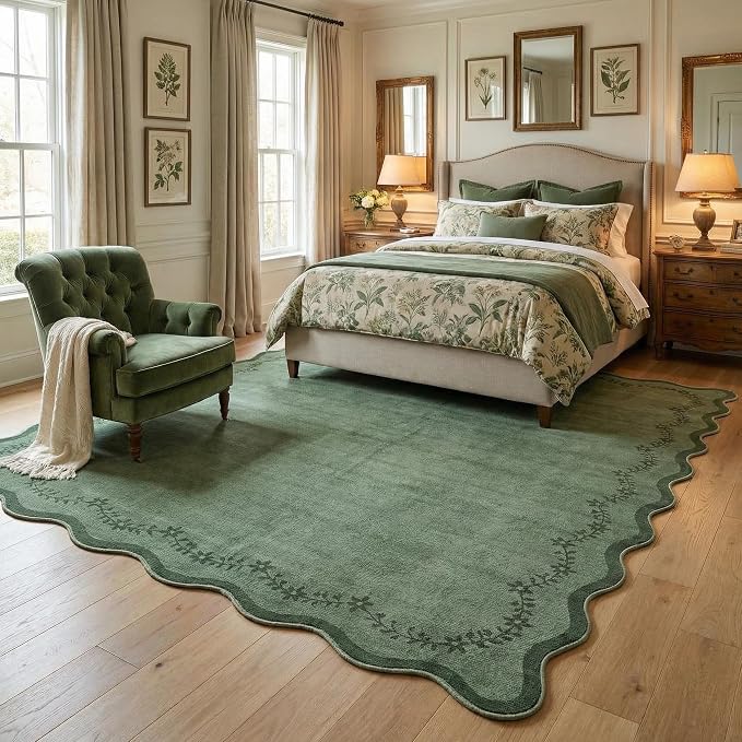 GarveeHome 6x9 Scalloped Area Rug Soft Washable Rug for Living Room Bedroom | Soft Green Low Pile Non Slip Accent Floor Mat Solid Print Throw Rug Indoor Carpet for Dining Room Dorm Playroom