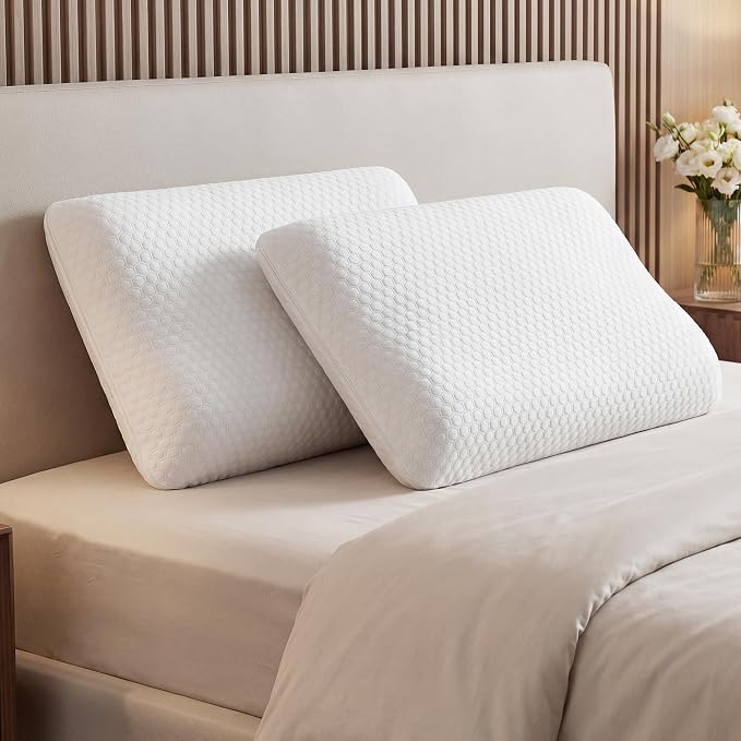 OLIXIS Memory Foam Pillow, Bed Pillows for Sleeping, Standard Size, 2 PCS | Firm and Comfortable Support, Bed Pillow for Back and Side Sleepers, Cooling Gel, Breathable Mesh & Washable Cover, White