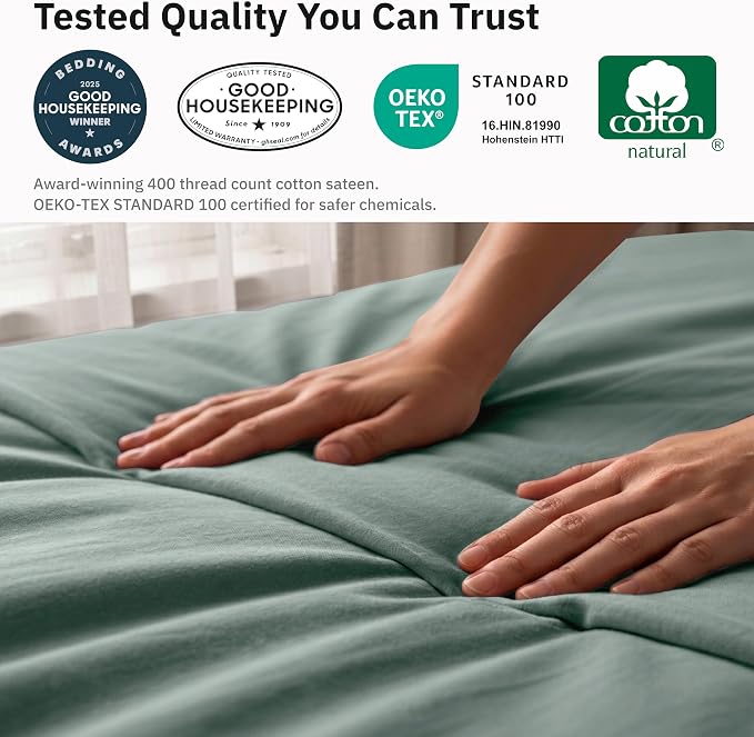 California Design Den 100% Cotton Sateen Twin XL Duvet Cover, Sage Green | Duvet Cover Only, Comforter Not Included, Backed by Good Housekeeping Seal, Button Closure & Corner Ties